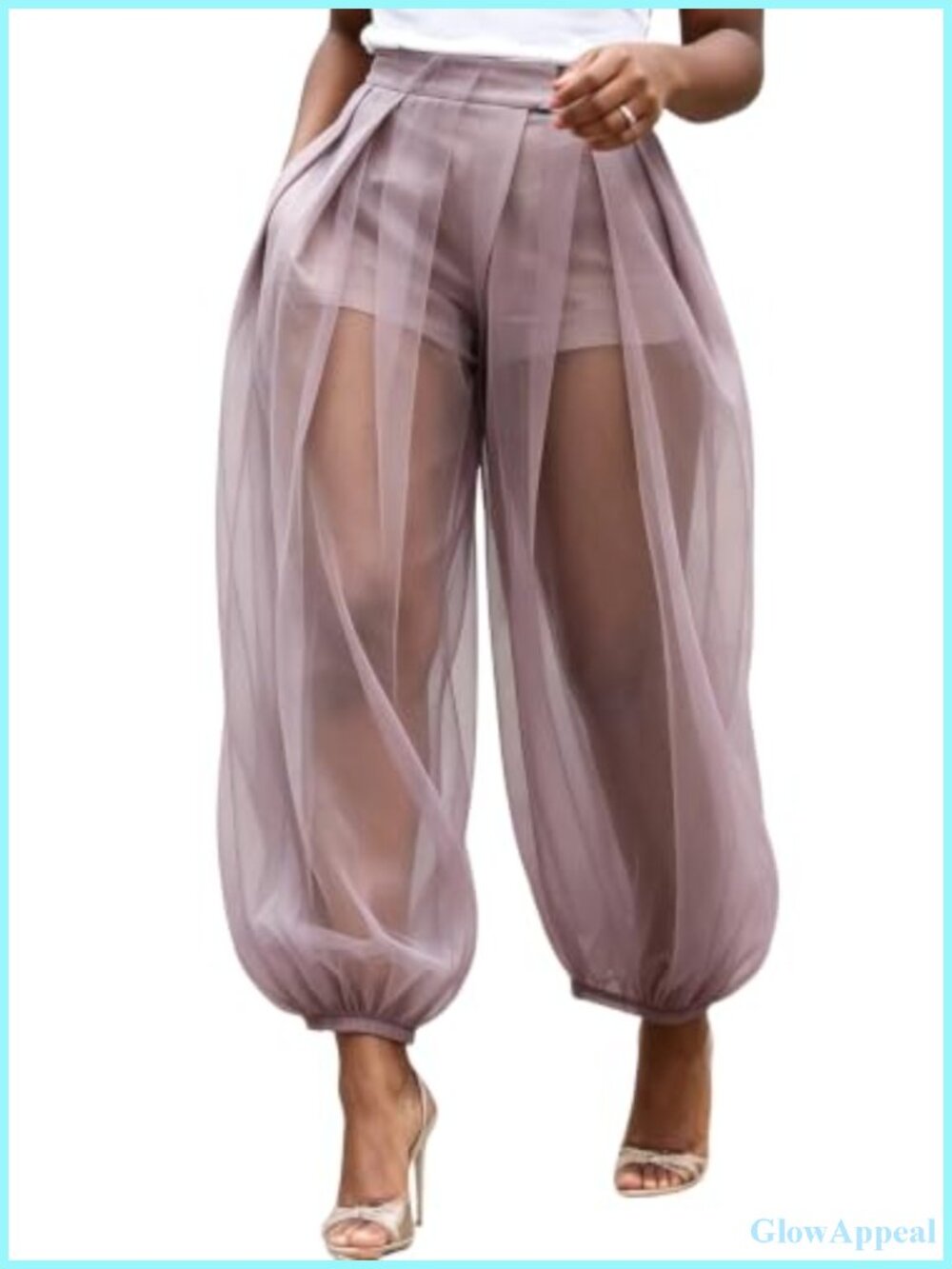 Sheer Mesh Patchwork High Waist Balloon Lantern Pants Built-In Shorts